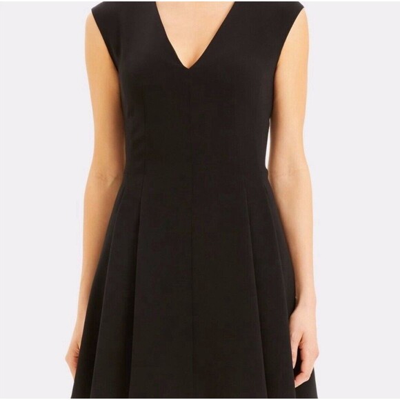 Rent The Runway  Pleated Cap Sleeve Black Crepe V-Neck Fit Flare Career Dress 2 - Picture 2 of 9